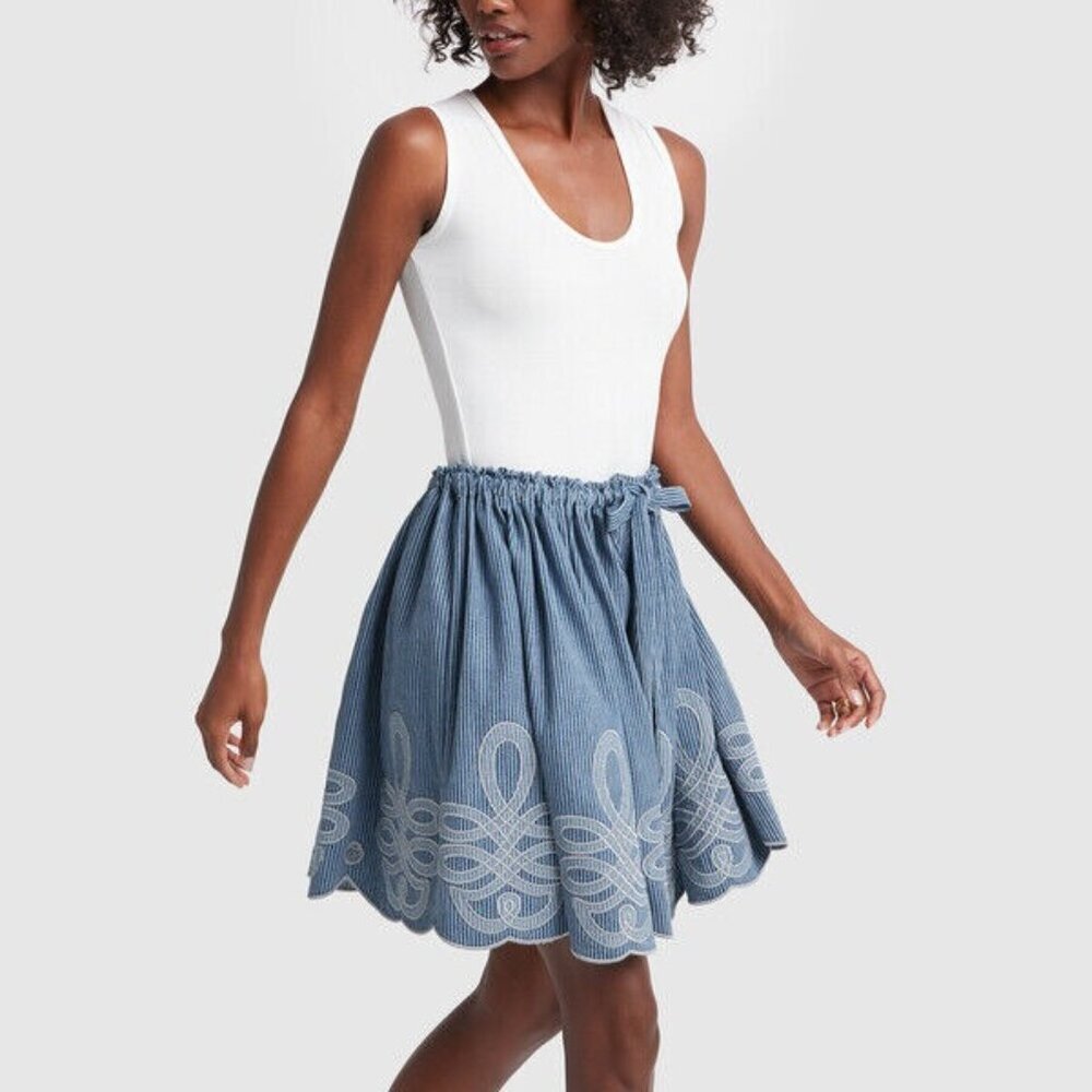 Free People Innika Choo Mini Scalloped Railroad Stripe Blue Denim Skirt Size M 2